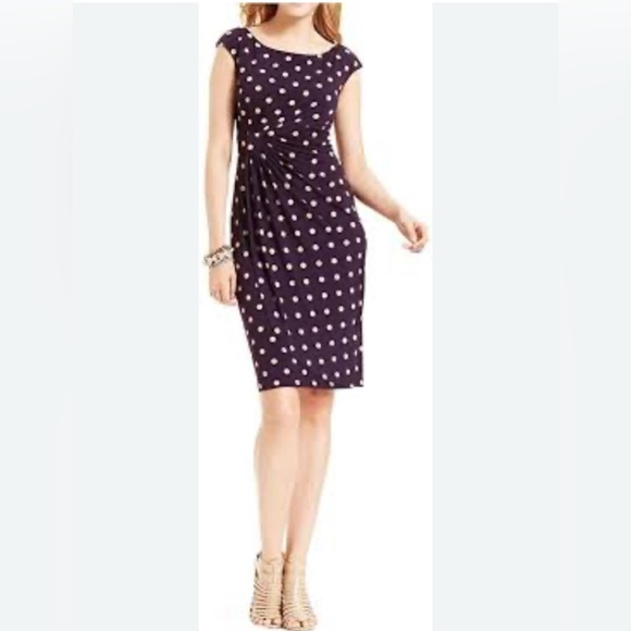 LAUREN RALPH LAUREN Sz 10 Purple Beige Polka Dot Above the Knee Ruched Dress - Picture 1 of 8